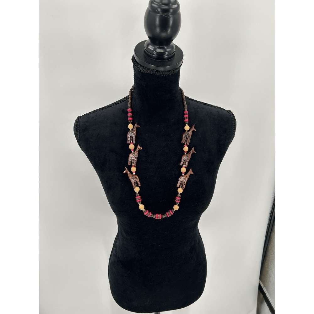 Vintage Wooden Hand Carved Giraffe And‎ Beaded Necklace